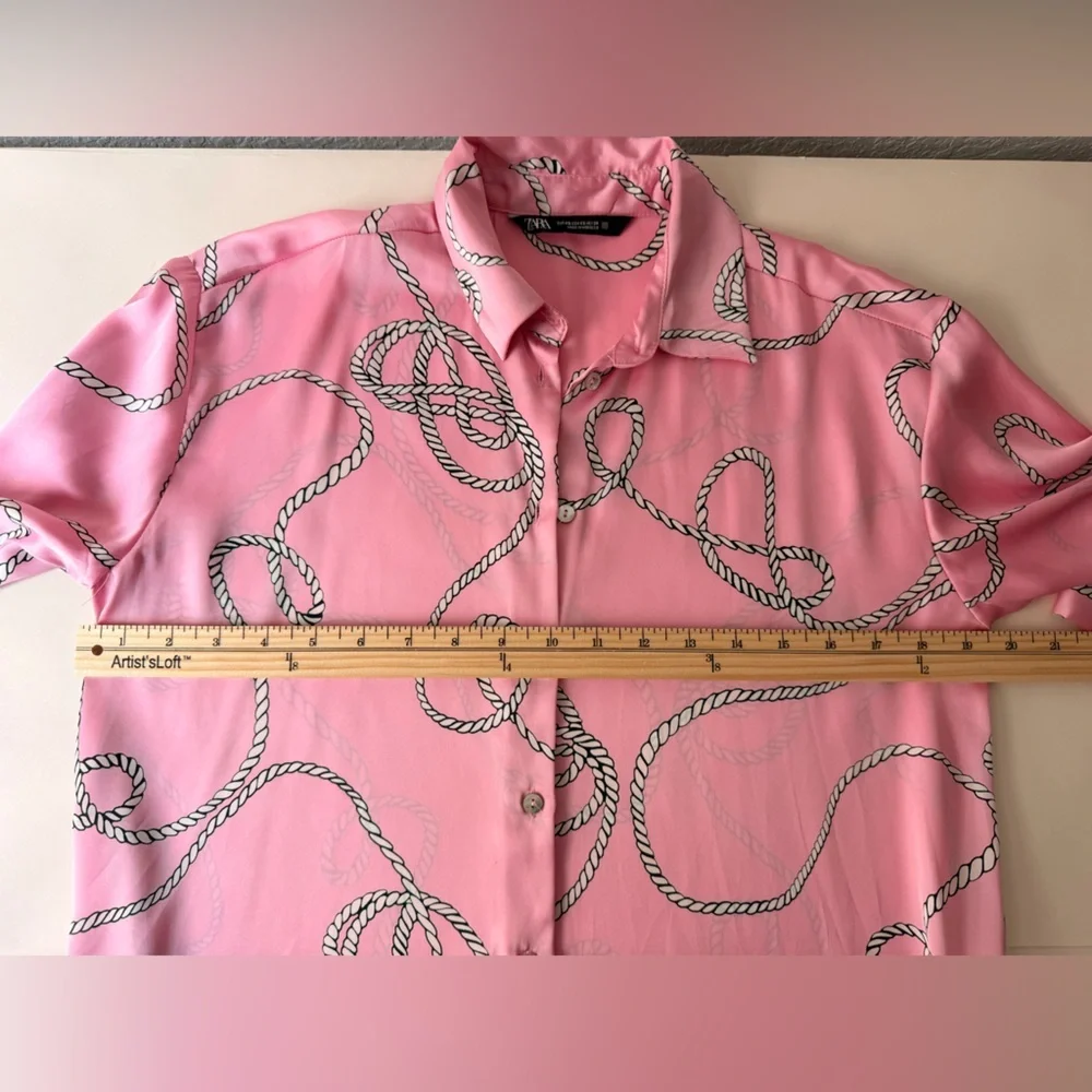 ZARA Satin Pink Rope & Chain Print Button Down Shirt | Nautical Chic